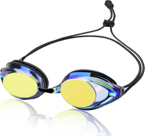 Swim Goggles for Adult Men Women Youth, Bungee Strap Swimming Goggles No Hair Pulling Mirrored/Clear Lens Goggles