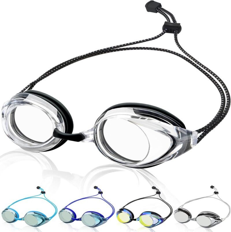 Swim Goggles for Adult Men Women Youth, Bungee Strap Swimming Goggles No Hair Pulling Mirrored/Clear Lens Goggles