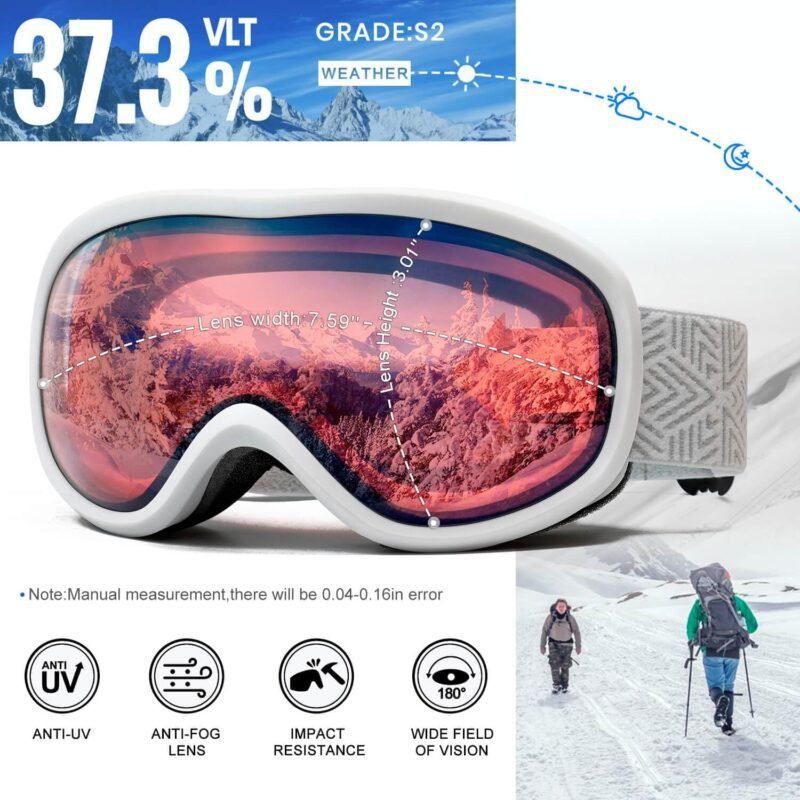 OTG Ski Goggles for Men Women With Anti-Fog Dual Layer lens, UV400 Snow Goggle for Snowboarding Snowmobiling Skating