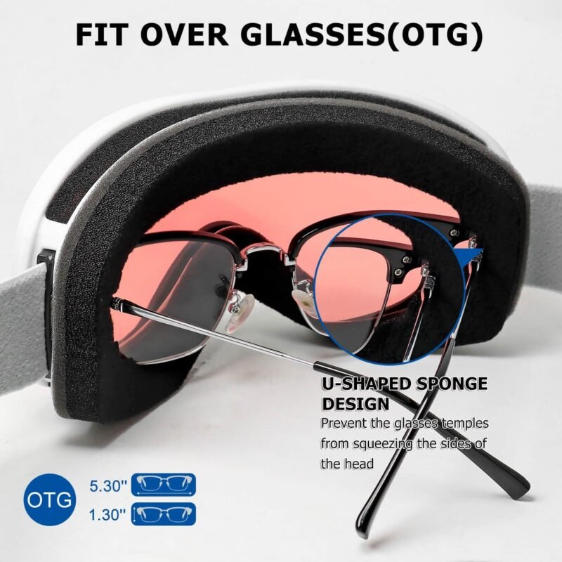 OTG Ski Goggles for Men Women With Anti-Fog Dual Layer lens, UV400 Snow Goggle for Snowboarding Snowmobiling Skating