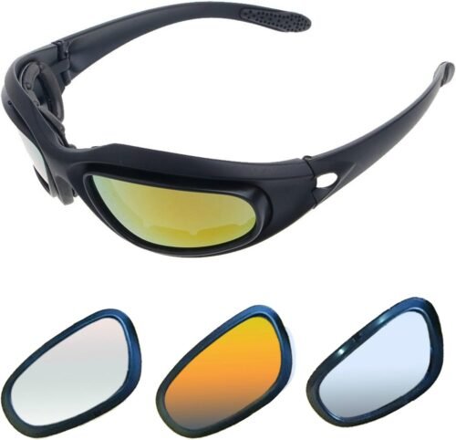 Motorcycle Riding Glasses Kit – 4 Lenses – Polarized, Smoke, Yellow, And Clear. Plus Case, Cleaning Cloth, And Strap Motorcycle Accessories.